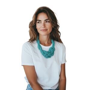 Y2k Braided Chunky Glass Seed Bead Statement Necklace Faux Turquoise Blue Artsy